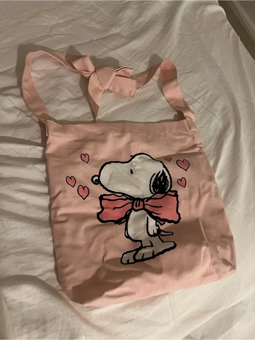 Pink Snoopy Canvas Tote Bag with Heart Graphic